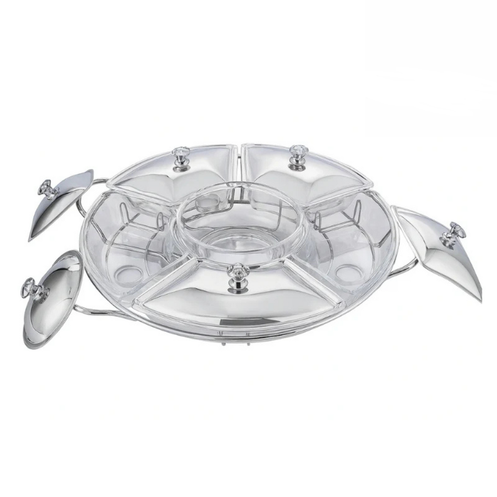 Rechaud Giratório Com 6 Compartimentos Aço Inox e Vidro 52cm