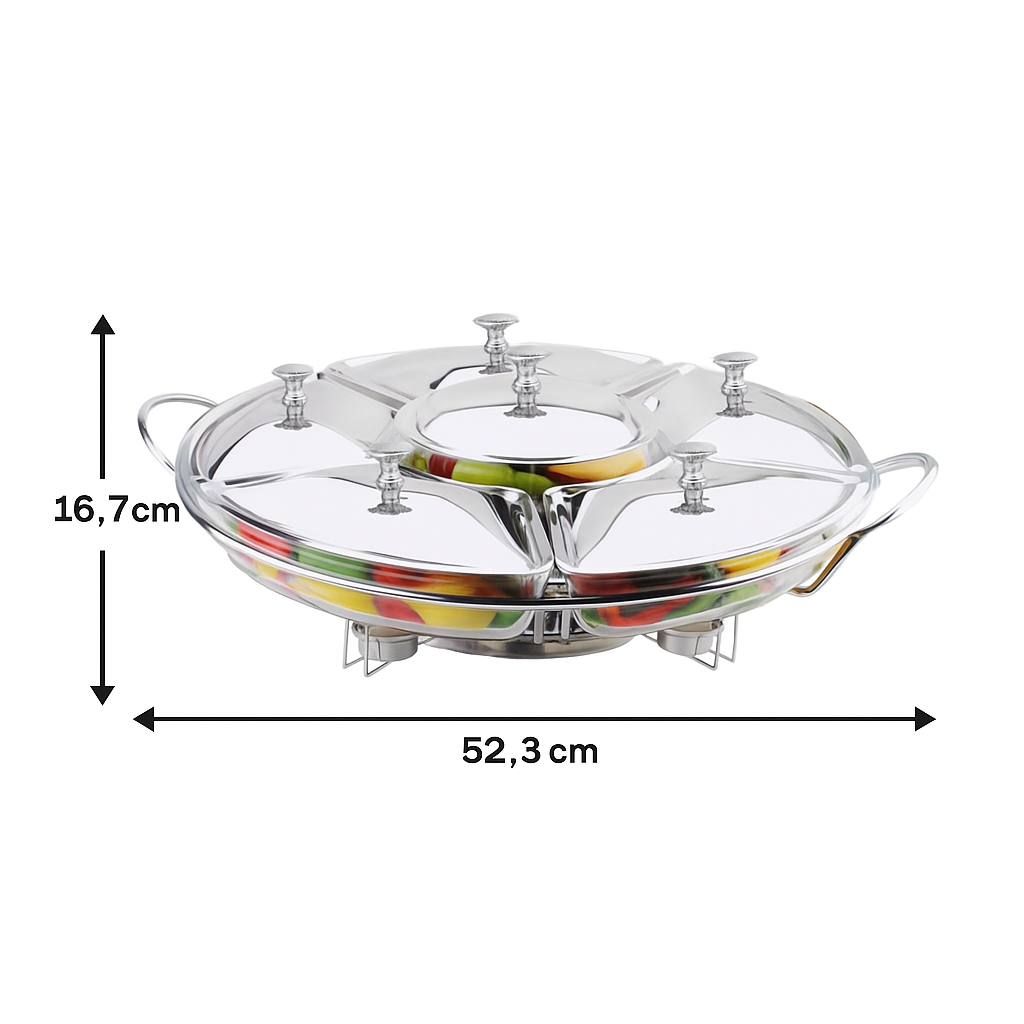 Rechaud Giratório Com 6 Compartimentos Aço Inox e Vidro 52cm